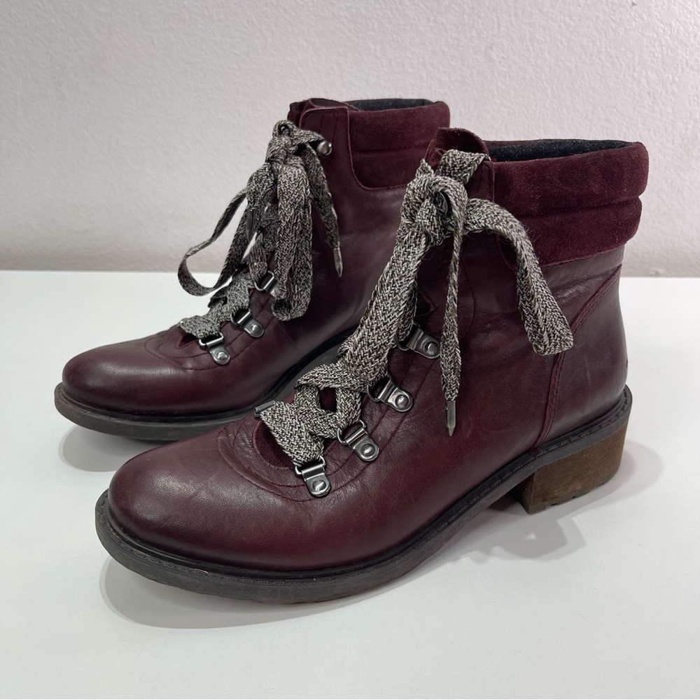 Sam Edelman Women 7 Darrah Combat Lace Up Hiker Boot Burgundy Leather Wool Boho